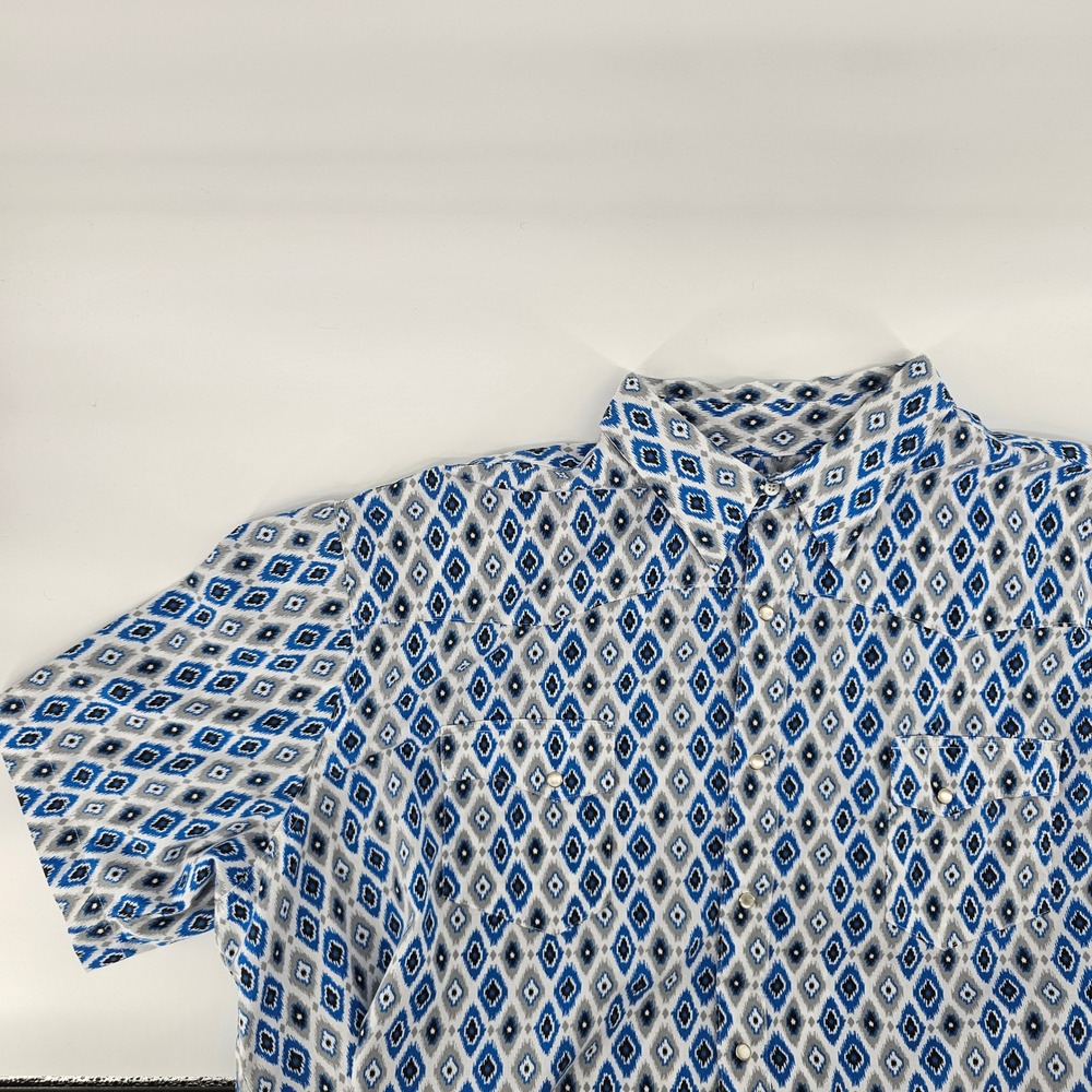 Wrangler Wrancher Western Shirt Mens 3X Blue Ikat Diamond Pearl Snap MTW1461